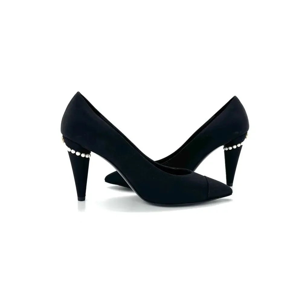 Chanel Interlocking CC Logo Pearl Satin Cap Toe Pointed Toe Pumps 38.5 Shoes